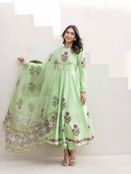 MAAND - Pure Silk Mint Floral Block Printed Anarkali Kurta With Pant & Dupatta