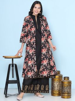 BHAMA COUTURE - Black Pure Cotton Mandarin Neck Floral Kurta With Palazzo & Jacket