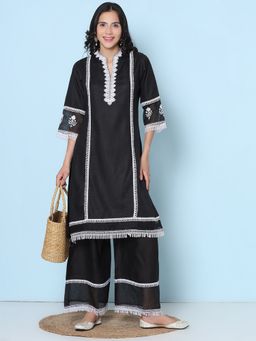 BHAMA COUTURE - Black Pure Cotton Mandarin Neck Embroidered Kurta With Palazzo