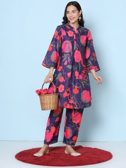 BHAMA COUTURE - Purple Cotton Blend Mandarin Neck Floral Co-Ord Set