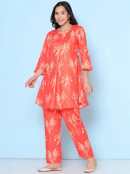 BHAMA COUTURE - Orange Cotton Blend Round Neck Floral Co-Ord Set