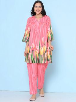 BHAMA COUTURE - Pink Cotton Blend Round Neck Stripes Co-Ord Set