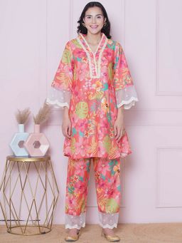 BHAMA COUTURE - Peach Cotton Blend V-Neck Floral Co-Ord Set