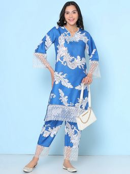BHAMA COUTURE - Blue Viscose Rayon Round Neck Printed Co-Ord Set