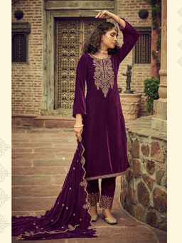 Clora Creation - Purple Embroidered Velvet Kurta With Pant & Dupatta