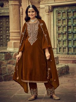 Clora Creation - Mustard Embroidered Velvet Kurta With Pant & Dupatta