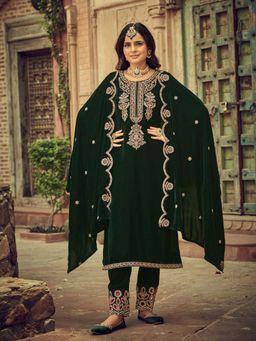 Clora Creation - Bottle Green Embroidered Velvet Kurta With Pant & Dupatta