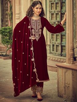 Clora Creation - Maroon Embroidered Velvet Kurta With Pant & Dupatta