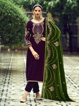 Clora Creation - Purple Embroidered Velvet Kurta With Pant & Dupatta