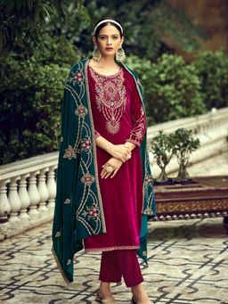 Clora Creation - Magenta Embroidered Velvet Kurta With Pant & Dupatta