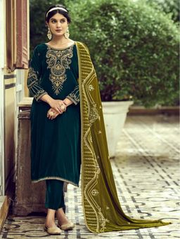 Clora Creation - Teal Embroidered Velvet Kurta With Pant & Dupatta