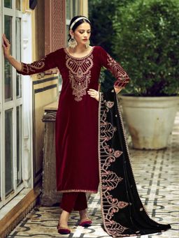 Clora Creation - Maroon Embroidered Velvet Kurta With Pant & Dupatta