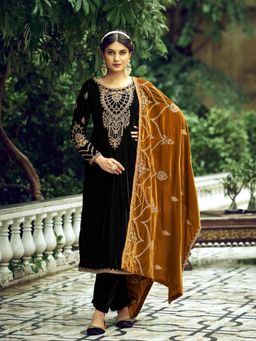 Clora Creation - Black Embroidered Velvet Kurta With Pant & Dupatta