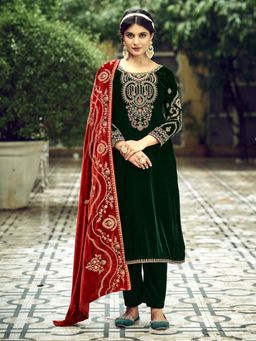 Clora Creation - Bottle Green Embroidered Velvet Kurta With Pant & Dupatta