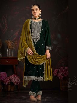 Clora Creation - Bottle Green Embroidered Velvet Kurta With Pant & Dupatta