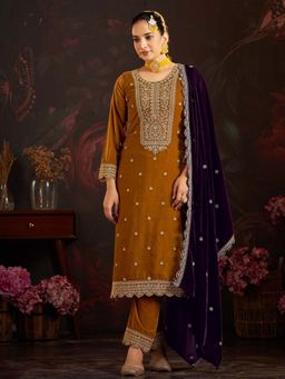 Clora Creation - Mustard Embroidered Velvet Kurta With Pant & Dupatta