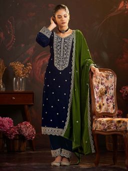 Clora Creation - Navy Blue Embroidered Velvet Kurta With Pant & Dupatta
