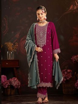Clora Creation - Magenta Embroidered Velvet Kurta With Pant & Dupatta