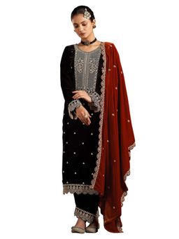 Clora Creation - Black Embroidered Velvet Kurta With Pant & Dupatta