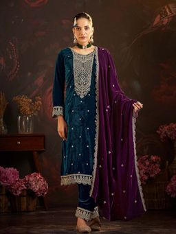 Clora Creation - Teal Embroidered Velvet Kurta With Pant & Dupatta