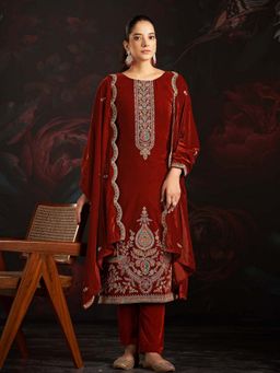 Clora Creation - Maroon Embroidered Velvet Kurta With Pant & Dupatta