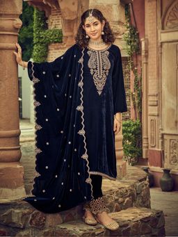 Clora Creation - Navy Blue Embroidered Velvet Kurta With Pant & Dupatta