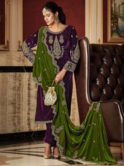 Clora Creation - Purple Embroidered Velvet Kurta With Pant & Dupatta