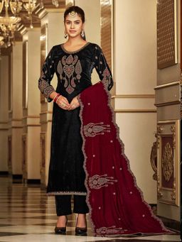 Clora Creation - Black Embroidered Velvet Kurta With Pant & Dupatta