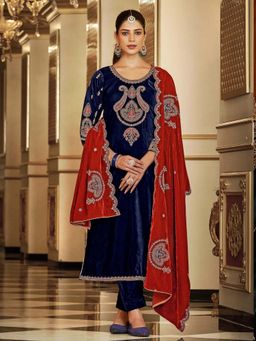 Clora Creation - Navy Blue Embroidered Velvet Kurta With Pant & Dupatta
