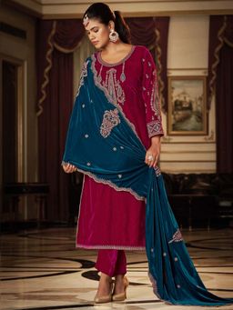 Clora Creation - Magenta Embroidered Velvet Kurta With Pant & Dupatta