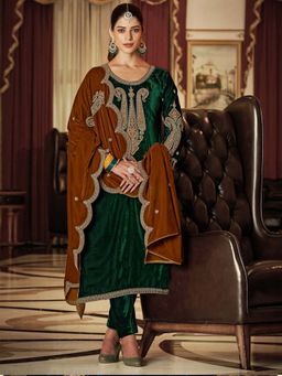 Clora Creation - Bottle Green Embroidered Velvet Kurta With Pant & Dupatta