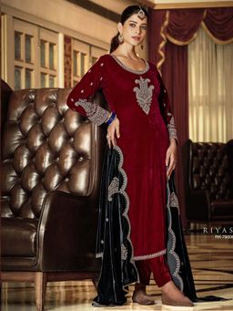 Clora Creation - Maroon Embroidered Velvet Kurta With Pant & Dupatta