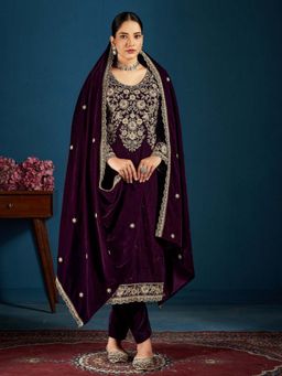Clora Creation - Purple Embroidered Velvet Kurta With Pant & Dupatta