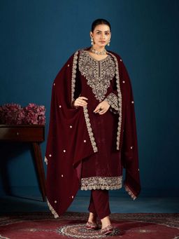 Clora Creation - Maroon Embroidered Velvet Kurta With Pant & Dupatta