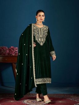 Clora Creation - Bottle Green Embroidered Velvet Kurta With Pant & Dupatta