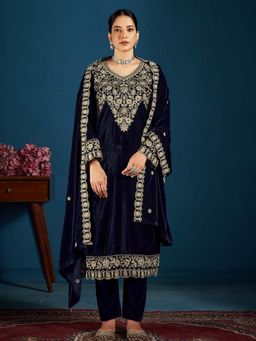 Clora Creation - Navy Blue Embroidered Velvet Kurta With Pant & Dupatta