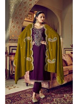 Clora Creation - Purple Embroidered Velvet Kurta With Pant & Dupatta
