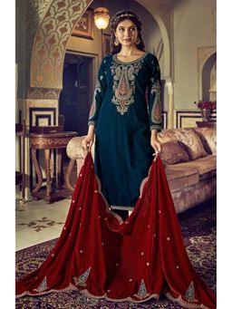 Clora Creation - Teal Embroidered Velvet Kurta With Pant & Dupatta
