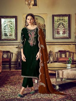 Clora Creation - Bottle Green Embroidered Velvet Kurta With Pant & Dupatta