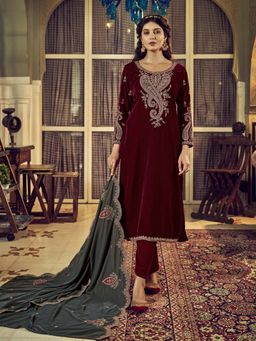Clora Creation - Maroon Embroidered Velvet Kurta With Pant & Dupatta