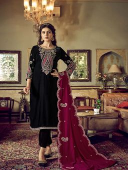 Clora Creation - Black Embroidered Velvet Kurta With Pant & Dupatta