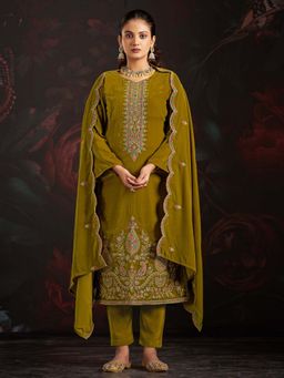 Clora Creation - Olive Embroidered Velvet Kurta With Pant & Dupatta