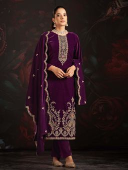 Clora Creation - Wine Embroidered Velvet Kurta With Pant & Dupatta
