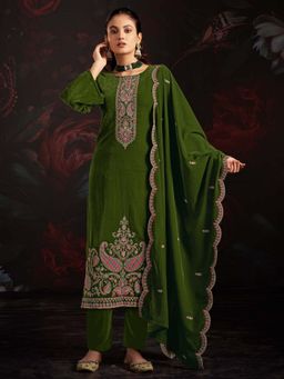 Clora Creation - Grass Green Embroidered Velvet Kurta With Pant & Dupatta