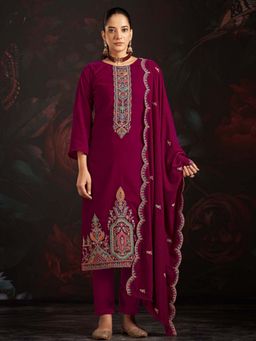 Clora Creation - Magenta Embroidered Velvet Kurta With Pant & Dupatta