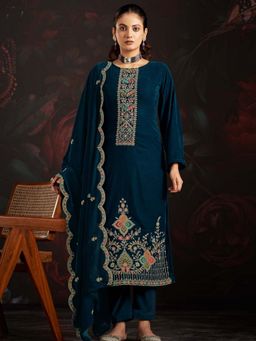 Clora Creation - Peacock Blue Embroidered Velvet Kurta With Pant & Dupatta