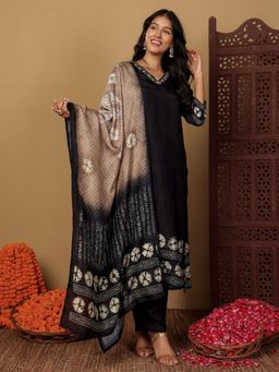 Chowkhat - Black Hand Embroidered Silk Straight Kurta With Pant & Dupatta