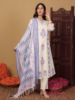 Chowkhat - Off White Hand Block Printed Pure Cotton A Line Kurta With Pant & Dupatta
