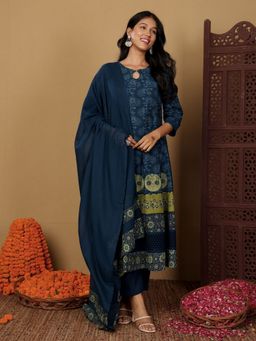 Chowkhat - Blue Hand Embroidered Linen Jacquard Straight Kurta With Pant & Dupatta