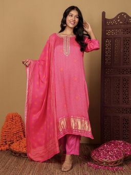 Chowkhat - Pink Hand Embroidered Modal Satin Straight Kurta With Pant & Dupatta
